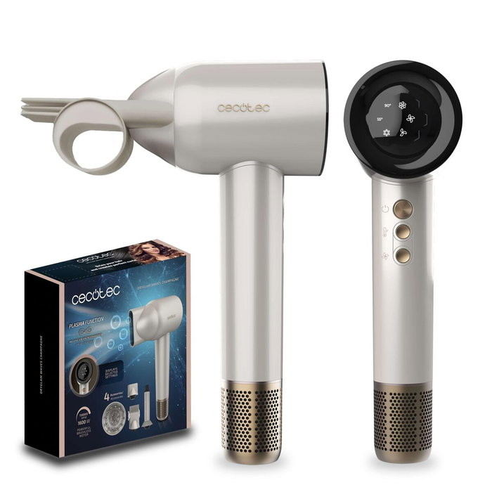 Cecotec Secador de Pelo DryGlam Waves Champagne 1600W Plasma Coanda 4en1 Pantalla Digital