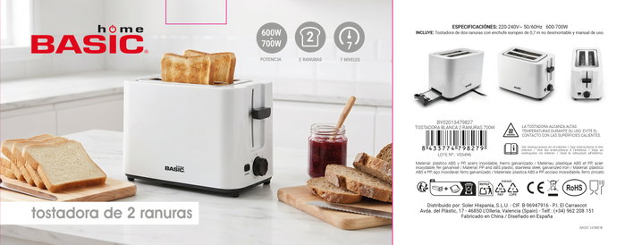 Basic Home Tostadora Blanca 2 Ranuras 700W Basic Home Tostadora Blanca 2 Ranuras 700W