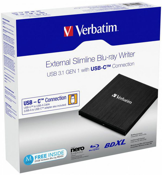 Verbatim Grabador Blu-ray Externo Delgado USB-C 3.1 Gen 1