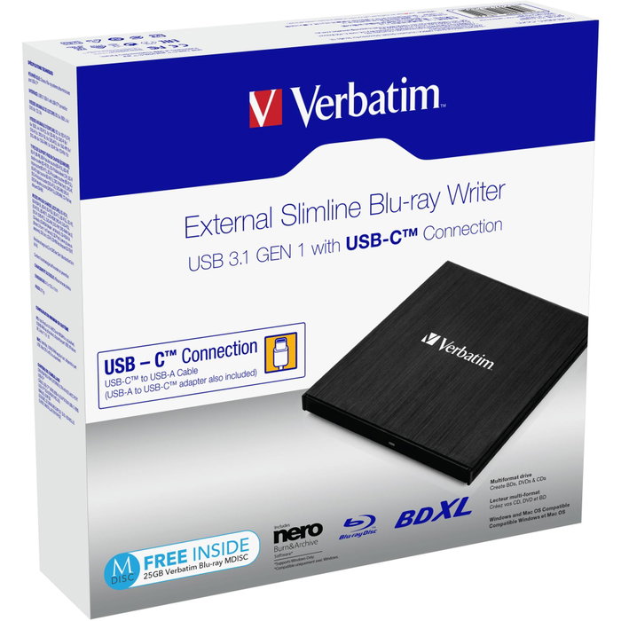 Verbatim Grabador Blu-ray Externo Delgado USB-C 3.1 Gen 1
