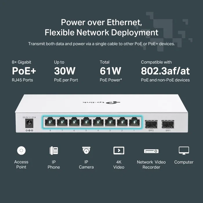 TP-Link FS310GP Switch Gestionado L2/L2+ Gigabit con 8 Puertos RJ45, 2 SFP y PoE de 61W, Carcasa Metálica 1U