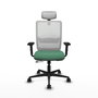 Silla de oficina Haches con mecanismo Sincro/Traslack tapizada con Tela color Verde esmeralda y malla color Blanco. Equipada con lumbar 1D, Brazos 2D, Cabecero 2D y Ruedas 65mm nailon