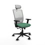 Silla de oficina Haches con mecanismo Sincro/Traslack tapizada con Tela color Verde esmeralda y malla color Blanco. Equipada con lumbar 1D, Brazos 2D, Cabecero 2D y Ruedas 65mm nailon