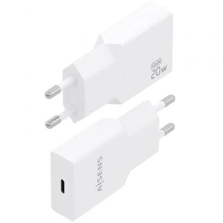 Aisens Cargador de Pared GaN Ultra Delgado 20W PD3.0 USB-C A110-0997, Blanco, con Protecciones, Chip Inteligente, Compatible con Múltiples Dispositivos