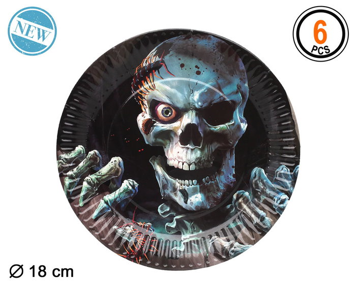 Atosa Plato de cartón Halloween diseño calavera con manos esqueléticas Atosa Plato de cartón Halloween diseño calavera con manos esqueléticas
