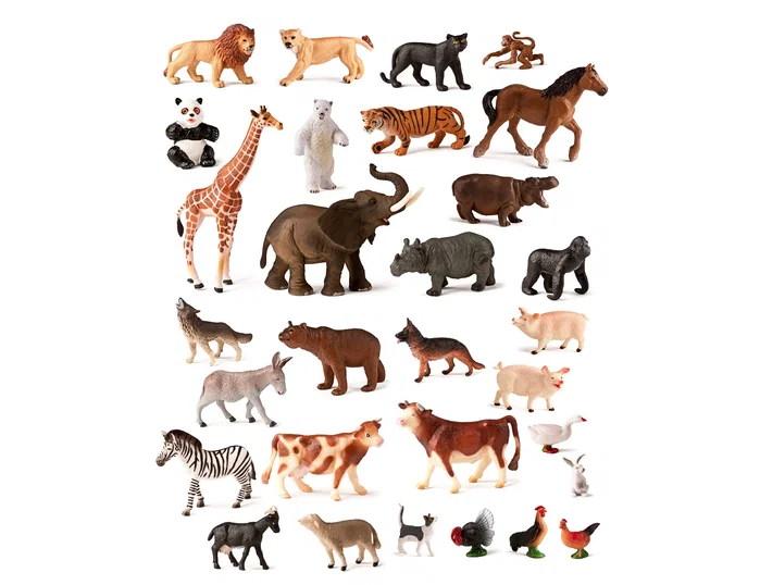 Miniland Contenedor de 30 Figuras de Animales de la Granja y Salvajes con Guía Didáctica