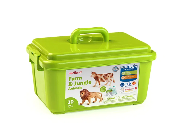 Miniland Contenedor de 30 Figuras de Animales de la Granja y Salvajes con Guía Didáctica