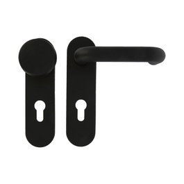 Juego de manillas con pomo y placa bocallave negro para puerta de exterior