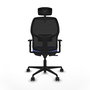 Silla de oficina Alfera con mecanismo Sincro tapizada con Tela color Azul claro y malla color Negro. Equipada con lumbar 1D, Brazos 1D, Cabecero 2D y Ruedas 65mm nailon