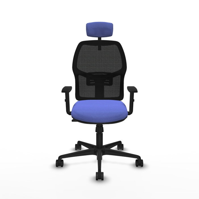 Silla de oficina Alfera con mecanismo Sincro tapizada con Tela color Azul claro y malla color Negro. Equipada con lumbar 1D, Brazos 1D, Cabecero 2D y Ruedas 65mm nailon