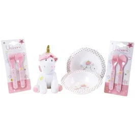 Fun House Set de Vajilla Infantil Unicornio 006319 - 2 Platos, 2 Cubiertos y 1 Peluche