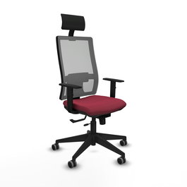 Silla de oficina Horna con mecanismo Sincro/Traslack tapizada con Tela color Granate y malla color Gris. Equipada con lumbar 1D, Brazos 1D, Cabecero Fijo y Ruedas 65 mm parqué