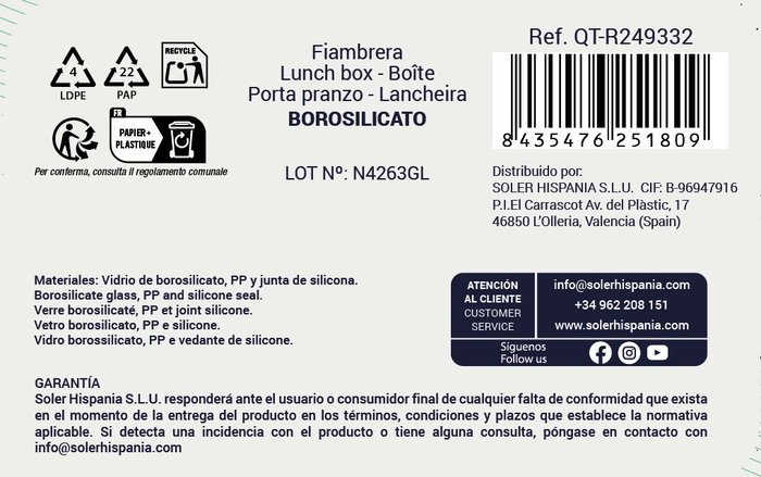 Quttin Fiambrera Rectangular Hermética 2.4L 25 x 21 x 9 cm (4 Unidades)