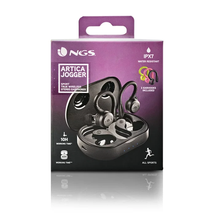 NGS Artica Jogger - Auriculares Deportivos Inalámbricos Bluetooth 5.3 TWS, Resistente al Agua IPX7, Autonomía 40h con Estuche de Carga, Color Negro, Verde Claro o Rosa