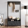 Hanah Home Devin Recibidor Negro con Estantes Múltiples y Patas Metálicas, Tablero de Partículas Recubierto de Melamina 18mm, 94x180x35.3cm