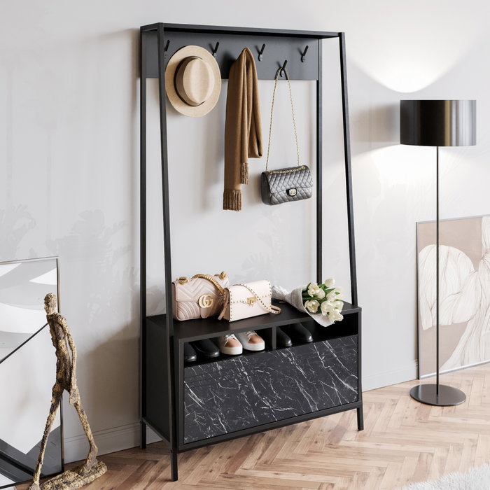 Hanah Home Devin Recibidor Negro con Estantes Múltiples y Patas Metálicas, Tablero de Partículas Recubierto de Melamina 18mm, 94x180x35.3cm Hanah Home Devin Recibidor Negro con Estantes Múltiples y Patas Metálicas, Tablero de Partículas Recubierto de Melamina 18mm, 94x180x35.3cm