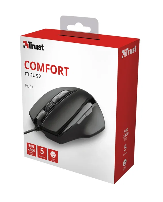 Trust Voca Comfort - Ratón para Oficina/Gaming, 2400 DPI, 6 Botones, Cable USB 1.6m, Óptico, Ergonómico para Diestro, Plug & Play