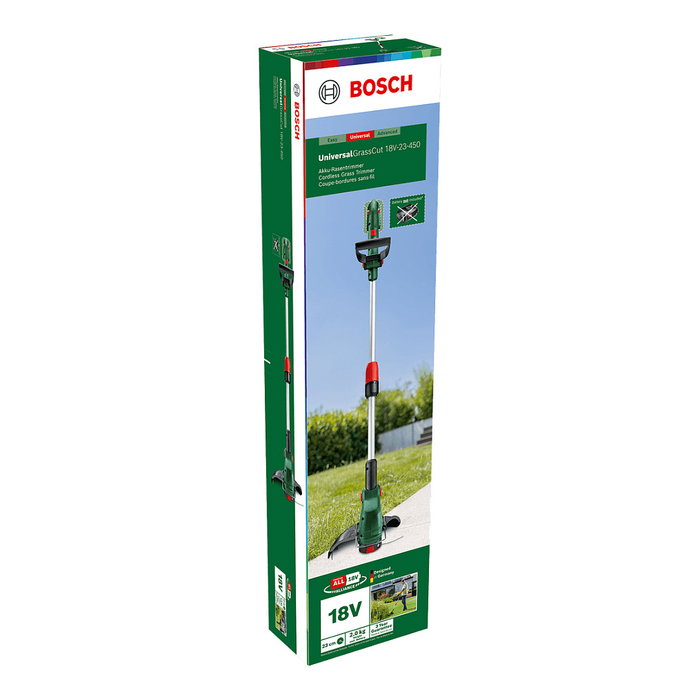 Bosch UniversalGrassCut 18V-26-500 Cortabordes a Batería de 18V, 26 cm de Diámetro de Corte, Empuñadura en D, Inalámbrico, 8500 RPM, Negro/Verde