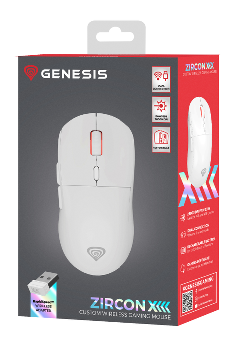 GENESIS Zircon XIII Ratón Juego Ambidextro RF Wireless + USB Type-C Óptico 26000 DPI Blanco