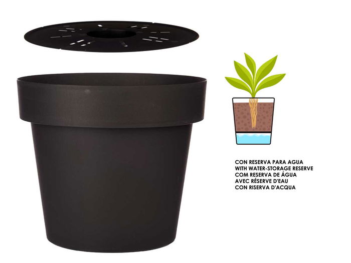 Ibergarden Maceta Plástico Antracita con Reserva de Agua 39x34x39 cm Capacidad 28L (Set de 6)
