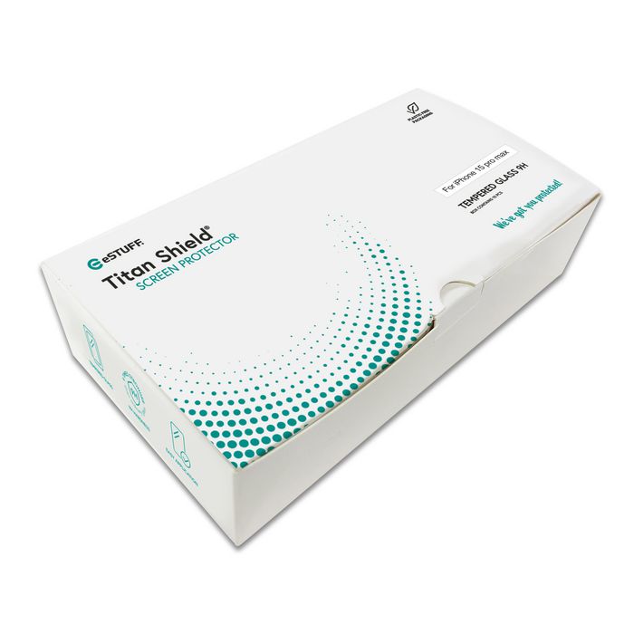 eSTUFF Titan Shield Protector de Pantalla de Vidrio Templado Full Cover para iPhone 15 Pro Max, Pack de 10 uds, 50% Vidrio Reciclado, Resistencia 9H, Anti-dispersión