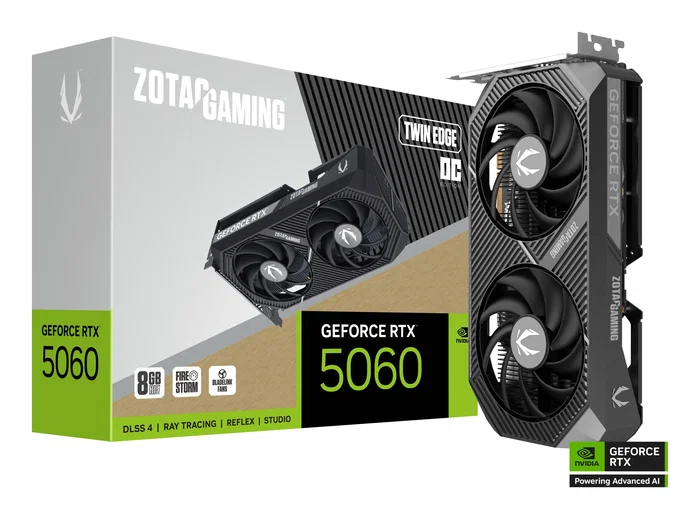 ZOTAC Gaming GeForce RTX 5060 Twin Edge OC Tarjeta Gráfica - 8 GB GDDR7, PCIe 5.0, HDMI 2.1b, 3x DisplayPort 2.1b, Overclocked