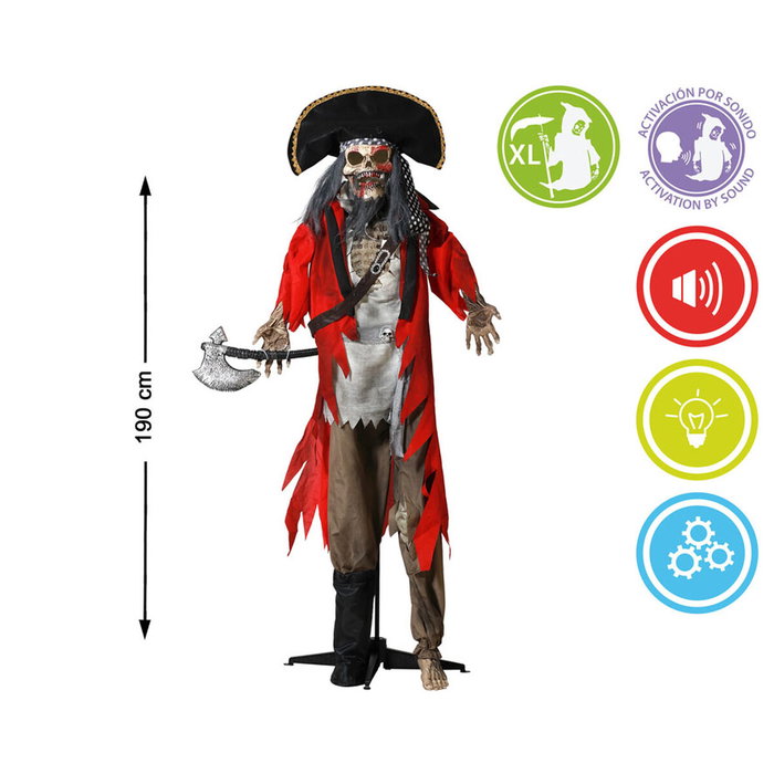Atosa Estatua Decorativa Esqueleto Pirata de 190 cm con Hacha, Luces LED, Sonido y Movimiento