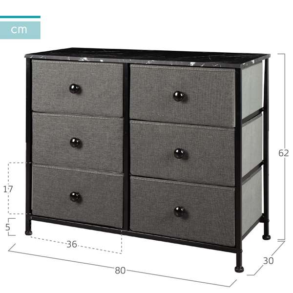 Max Home Cómoda 6 Cajones 80x30x62 cm Gris Acero Panel Fibra Tela