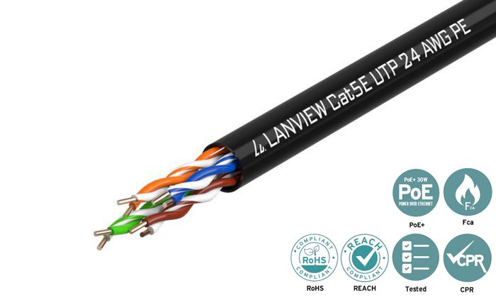 Lanview Cable de Red Exterior Cat5e U-UTP 305 Metros Negro - AWG24, PE, 4 Pares, 0.51mm, Caja Reeleex, Fca