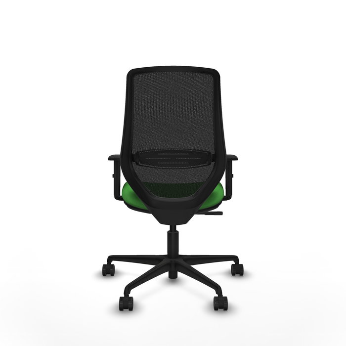 Silla de oficina Mardos con mecanismo Sincro tapizada con Tela color Verde y malla color Negro. Equipada con lumbar 1D, Brazos 1D y Ruedas 65mm nailon
