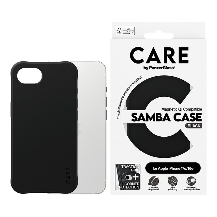 PanzerGlass CARE Case Fashionable Samba con MagSafe para iPhone 16e e iPhone 17e, Negro