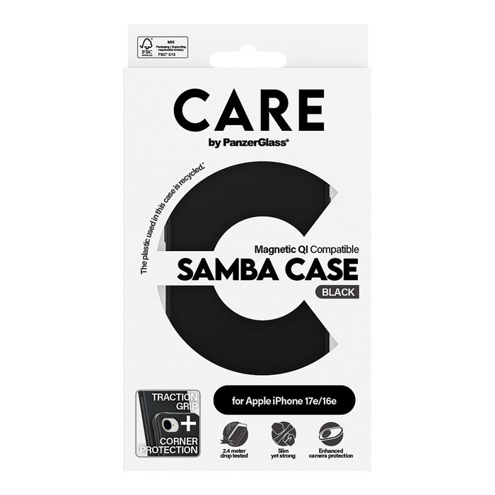 PanzerGlass CARE Case Fashionable Samba con MagSafe para iPhone 16e e iPhone 17e, Negro