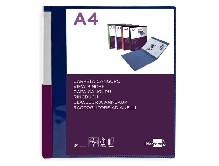 Liderpapel Carpeta Canguro 2 Anillas 25 mm Mixtas Polipropileno DIN A4 Azul Translucido