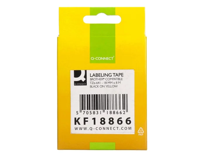 Q-connect Cinta TZE-641 Amarillo-Negro 18mm x 8m para Rotuladoras Brother, Compatible, Etiquetas para Oficina Taller Tienda y Exteriores