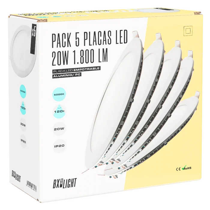 BX3 Light Pack 5 Placas LED Circular 20W 1800 Lm Blanco Frío 6000K 40000H Empetrable [BX3-1011P5-W/BX3-1027P5-CW]