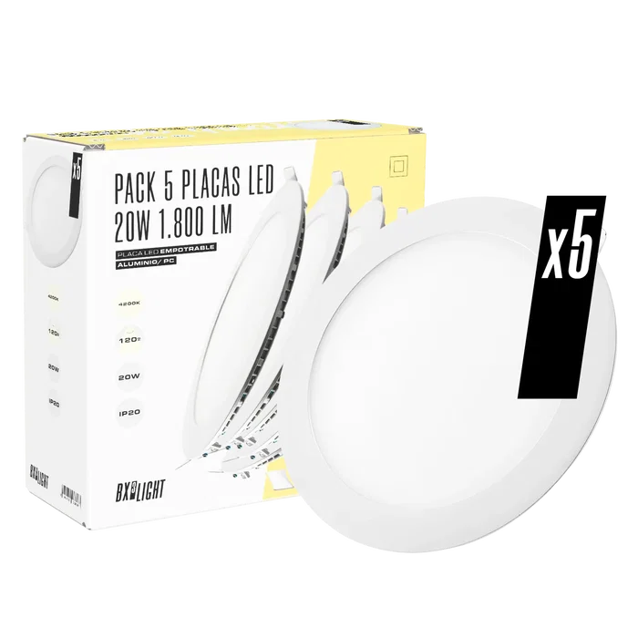 BX3 Light Pack 5 Placas LED Circular 20W 1800 Lm Blanco Frío 6000K 40000H Empetrable [BX3-1011P5-W/BX3-1027P5-CW]