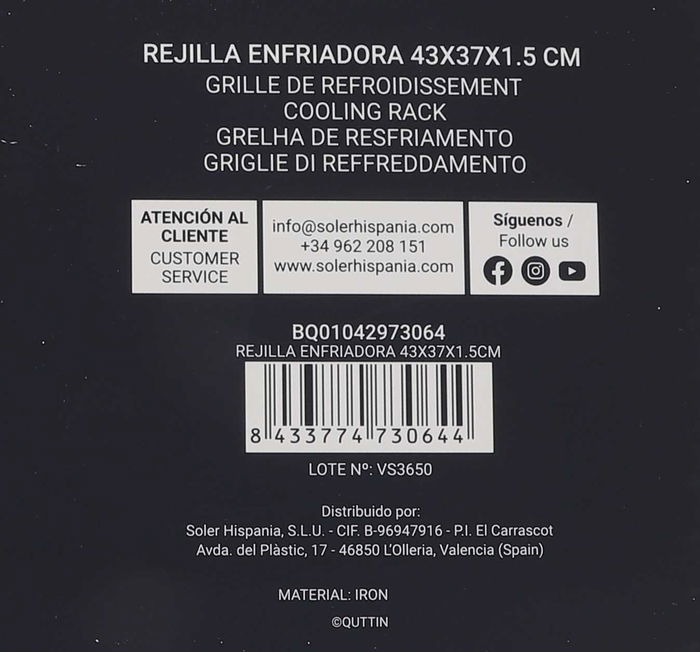 Quttin Rejilla Enfriadora 43 cm x 37 cm x 1.5 cm (18 Unidades)