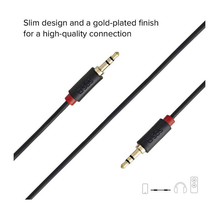 SBS TECABLE35KR Cable de Audio 3.5mm Macho a Macho 1.5m Negro, Conector Recto Chapado en Oro, Para Auriculares, Altavoces