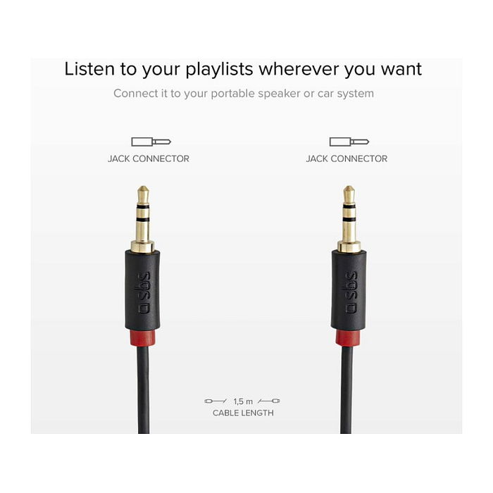 SBS TECABLE35KR Cable de Audio 3.5mm Macho a Macho 1.5m Negro, Conector Recto Chapado en Oro, Para Auriculares, Altavoces