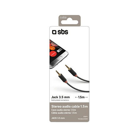 SBS TECABLE35KR Cable de Audio 3.5mm Macho a Macho 1.5m Negro, Conector Recto Chapado en Oro, Para Auriculares, Altavoces