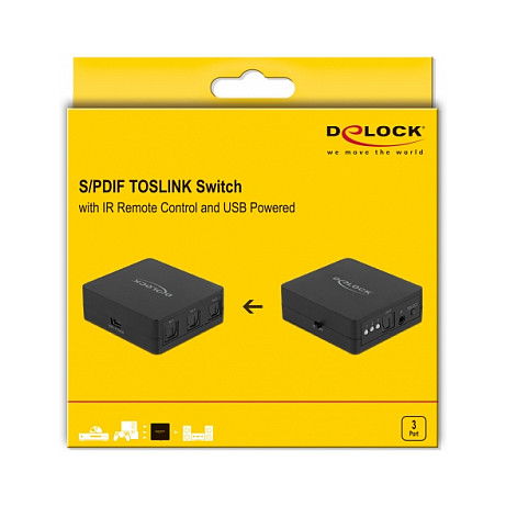 DeLOCK Conmutador Óptico S/PDIF TOSLINK 3 Entradas 1 Salida con Mando a Distancia IR y Alimentación por USB - Negro