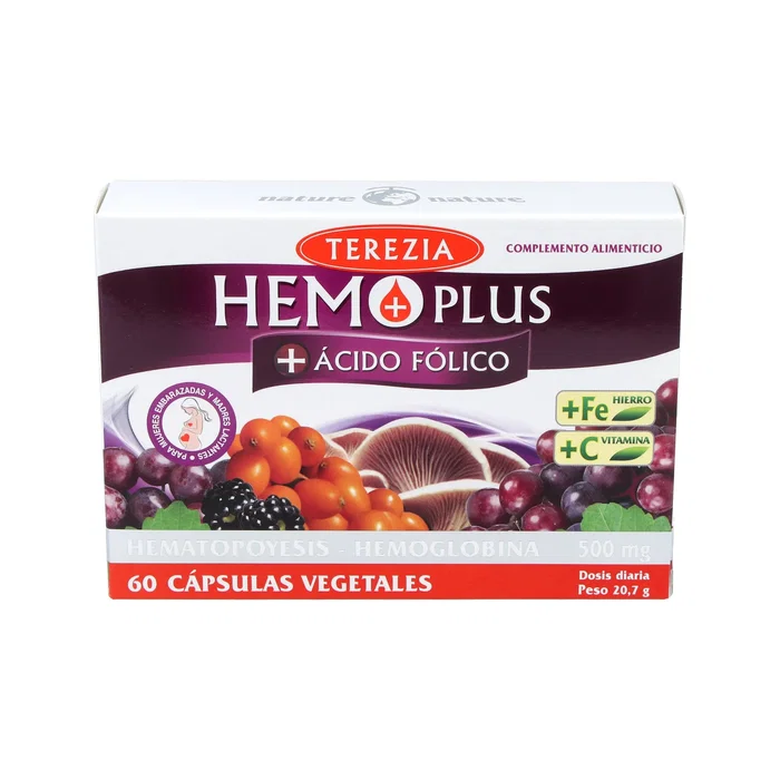 TEREZIA Hemo Plus + Ácido Fólico 60 Cápsulas - Suplemento con Hierro, Vitaminas B6, B12, B9 y C para la Formación de Glóbulos Rojos TEREZIA Hemo Plus + Ácido Fólico 60 Cápsulas - Suplemento con Hierro, Vitaminas B6, B12, B9 y C para la Formación de Glóbulos Rojos