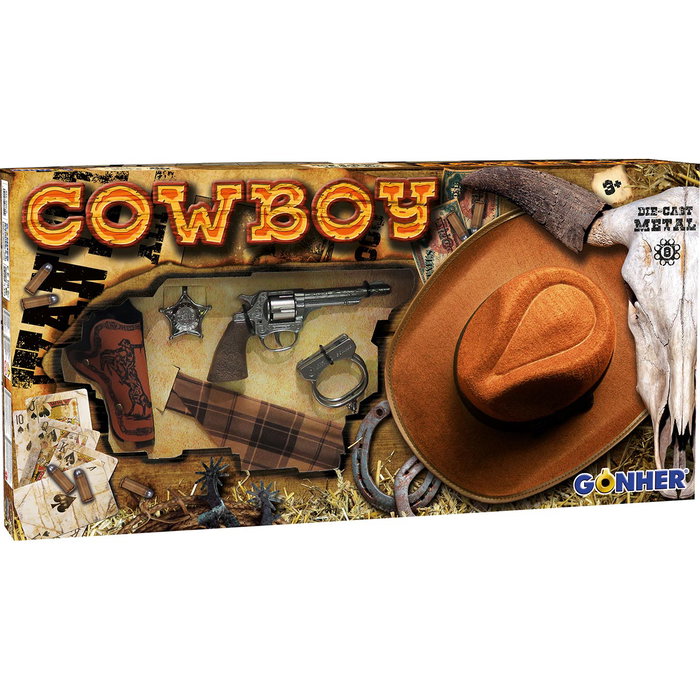 Gonher Set Revolver 8 Tiros Y Sombrero 880/0 Pistola Metal Cartuchera Cinturón Esposas Estrella Sheriff Pañuelo +3 Años