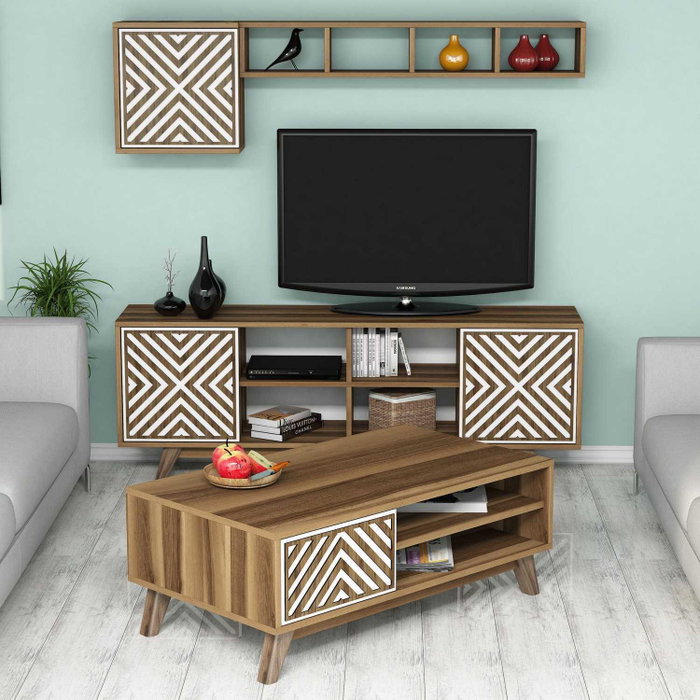 Hanah Home Conjunto Muebles Salón Chevron Nogal y Blanco