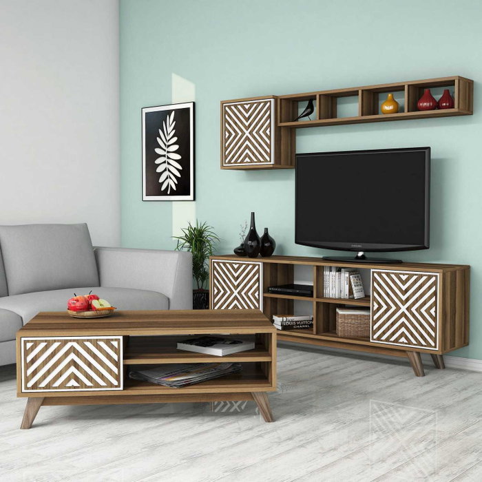Hanah Home Conjunto Muebles Salón Chevron Nogal y Blanco
