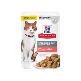 Hill's Feline Sterilised Comida Húmeda para Gatos Estériles, Sabor Salmón, 12 Paquetes de 85 g (1.02 kg Total)