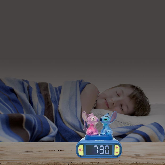 Lexibook Reloj Despertador Disney Stitch Y Angel RL800D2 con Luz Nocturna y Sonidos Personalizables