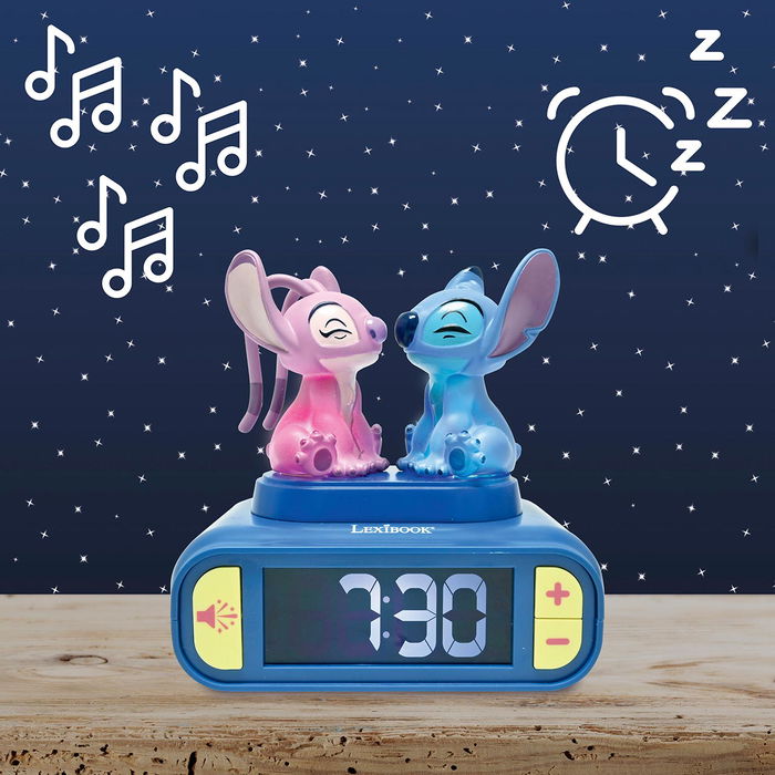 Lexibook Reloj Despertador Disney Stitch Y Angel RL800D2 con Luz Nocturna y Sonidos Personalizables