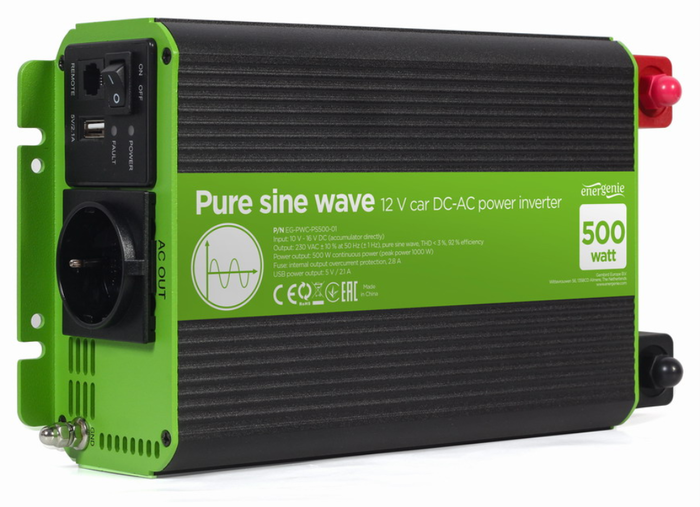 EnerGenie EG-PWC-PS500-01 Adaptador e Inversor de Corriente para Coche 500 W Negro, Verde