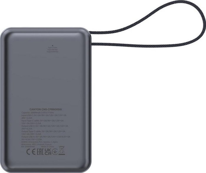 Canyon OnPower 600 Powerbank 20.000 mAh PD65W incl. Cable gris oscuro